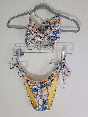 ESCAPE TO PARADISE WOMEN SIZE M Floral Tie-Side Bikini Set in Yellow & Blue